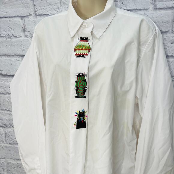 Impressions Christmas Cats Button Down Blouse White Size 18 Embroidered - Picture 3 of 7